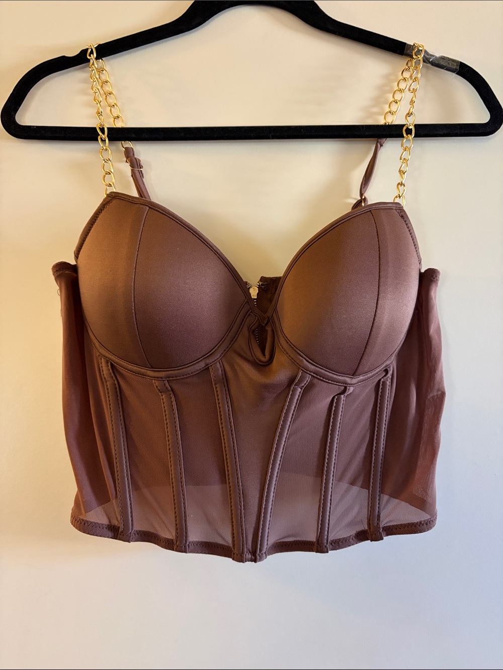 Say What? Brown Mesh Bustier Crop Top with Gold Chain Straps